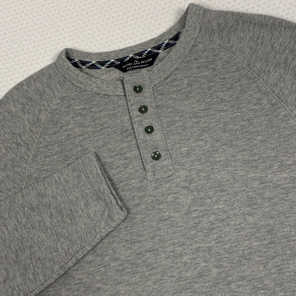 Alpine Design Mens Medium Gray Long Sleeve Fleece Lined Henley Herringbone